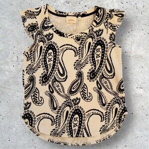 DELETTA Anthropologie Top Womens White BLACK Textured Print XS Blouse Sleeveless